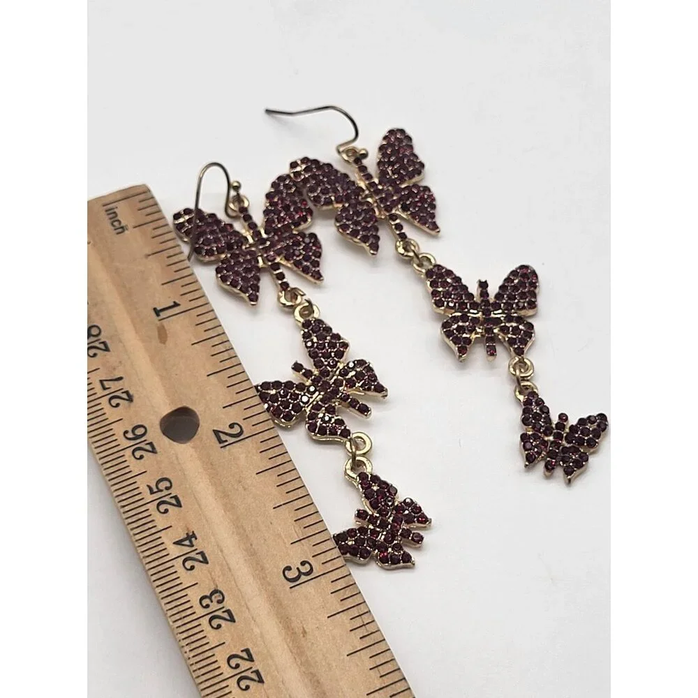 Butterfly Dangle Drop Cascade Earrings Red Rhinestone Gold Tone Whimsy Fairy